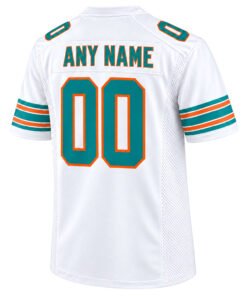 Miami Dolphins retro jersey back view with customizable ANY NAME, aqua 00 and orange trim
