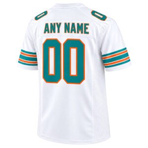 Miami Dolphins retro jersey back view with customizable ANY NAME, aqua 00 and orange trim