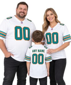 Family wearing matching Dolphins throwback football jersey designs in white, aqua and orange