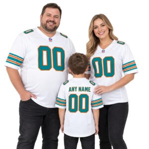 Family wearing matching Dolphins throwback football jersey designs in white, aqua and orange