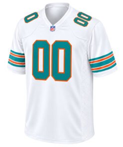Miami Dolphins White Throwback Jersey front view with aqua 00, orange outlines and retro sleeve stripes