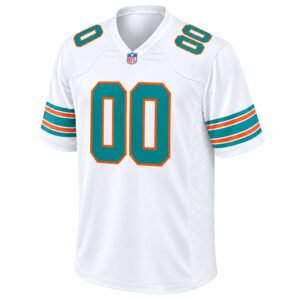 Miami Dolphins White Throwback Jersey front view with aqua 00, orange outlines and retro sleeve stripes