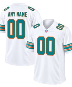 White Miami Dolphins jersey shown from front and back with aqua-orange numbers and striped sleeves
