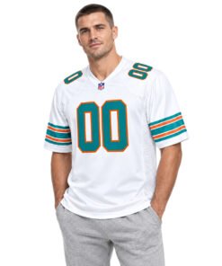 Model wearing a vintage Miami Dolphins jersey in white with aqua and orange retro football details