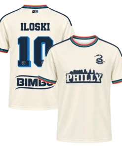 Front and back views of Milan Iloski cream archive soccer jersey featuring Philadelphia skyline and No. 10