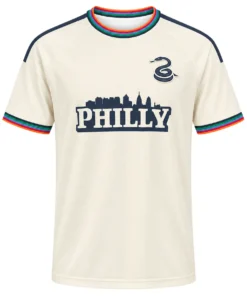 Milan Iloski 2026 Archive Jersey front with cream body, navy PHILLY skyline graphic and rainbow trim