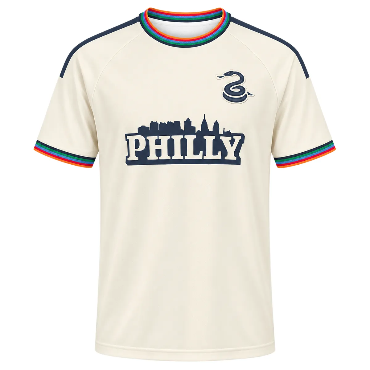 Milan Iloski 2026 Archive Jersey front with cream body, navy PHILLY skyline graphic and rainbow trim