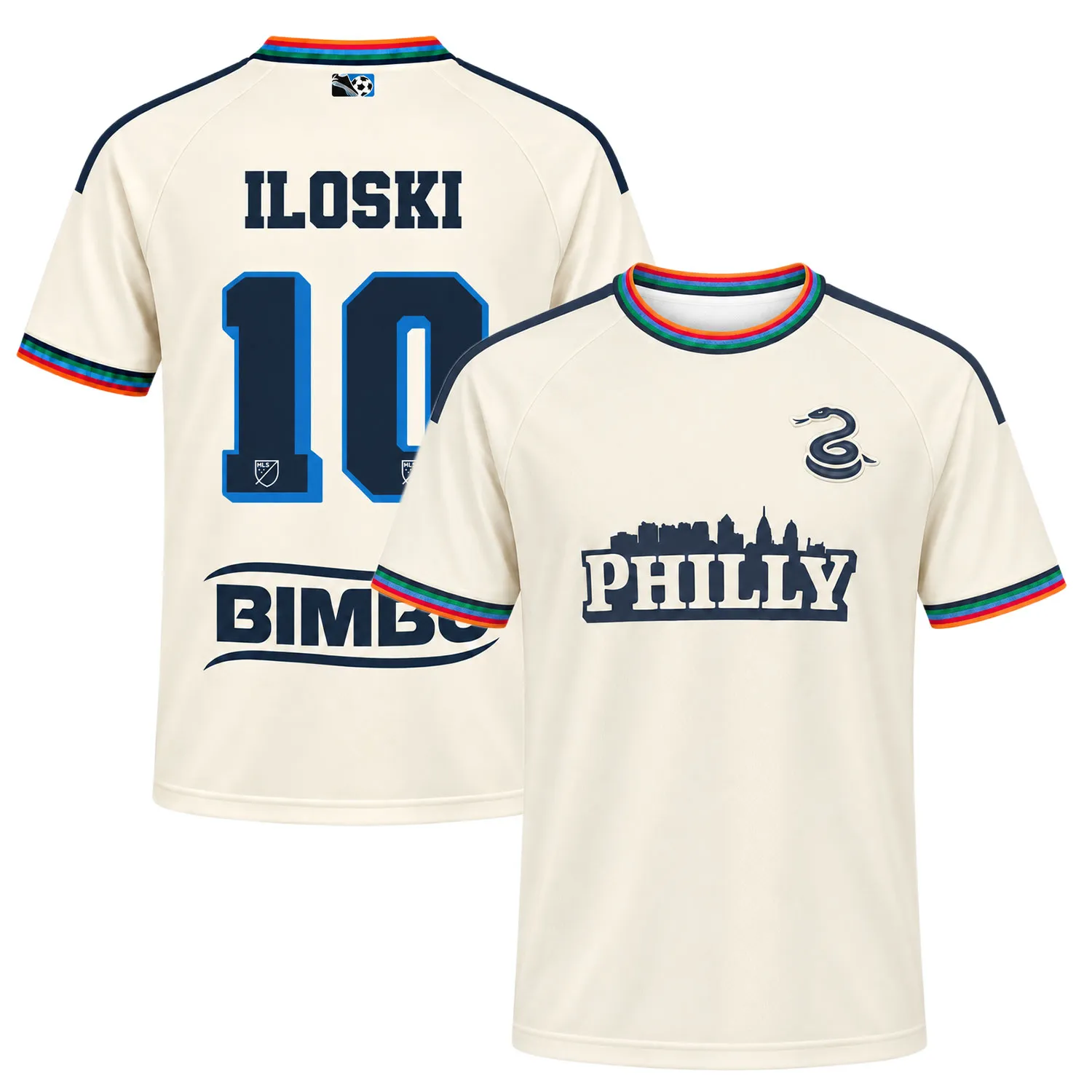Front and back views of Milan Iloski cream archive soccer jersey featuring Philadelphia skyline and No. 10