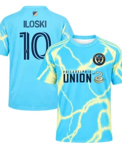 Front and back views of Milan Iloski cyan away soccer jersey with lightning graphics and player No. 10