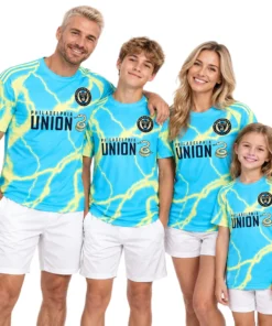 Familywearing matching Milan Iloski No. 10 cyan Philadelphia Union jerseys