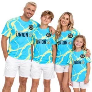 Familywearing matching Milan Iloski No. 10 cyan Philadelphia Union jerseys
