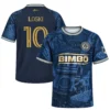 Front and back views of Milan Iloski navy home soccer jersey with 1776 artwork and gold player number 10