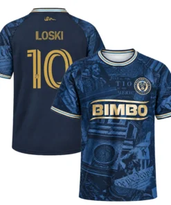 Front and back views of Milan Iloski navy home soccer jersey with 1776 artwork and gold player number 10