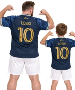 Father and son wearing matching Milan Iloski No. 10 Philadelphia Union navy home jerseys