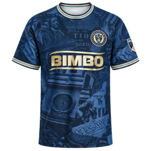 Milan Iloski Home Jersey 2026 front with navy historical collage, gold Philadelphia Union crest and BIMBO graphic