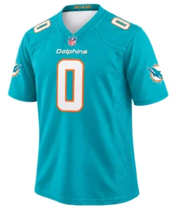 Ollie Gordon II Dolphins Jersey front with white number 0 and orange outline