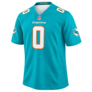 Ollie Gordon II Dolphins Jersey front with white number 0 and orange outline
