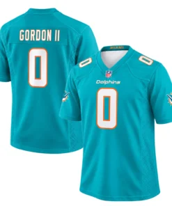 Miami Dolphins aqua jersey front and back featuring Gordon II number 0
