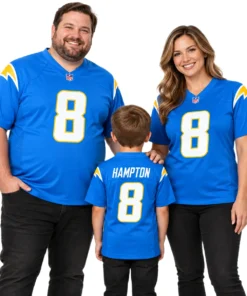 Family wearing matching Omarion Hampton number 8 powder blue football jerseys