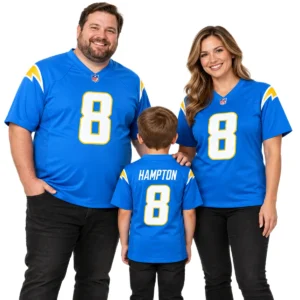 Family wearing matching Omarion Hampton number 8 powder blue football jerseys