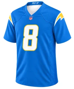 Omarion Hampton Chargers Jersey front with white number 8 and gold bolt details