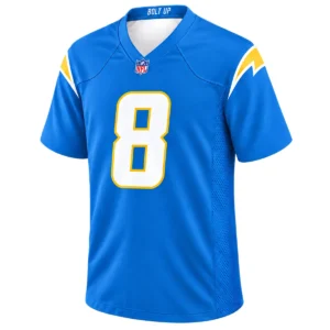 Omarion Hampton Chargers Jersey front with white number 8 and gold bolt details