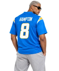 Model wearing a Los Angeles Chargers Powder Blue Jersey with Hampton number 8