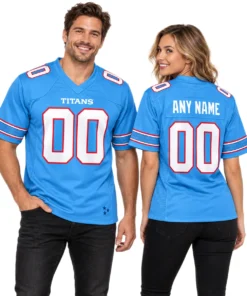 Man and woman wearing matching blue Tennessee Titans jerseys showing the front and personalized back