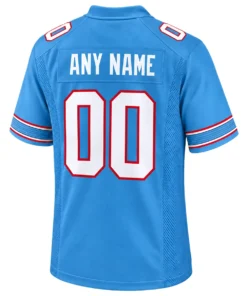 Back view of personalized Tennessee Titans blue jersey featuring ANY NAME above number 00