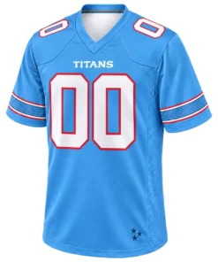 Front view of blue Tennessee Titans football jersey with white 00 numbers, red outlines and striped sleeves