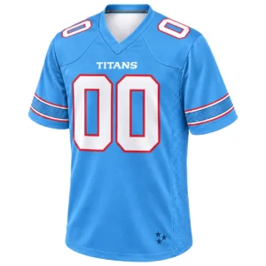 Front view of blue Tennessee Titans football jersey with white 00 numbers, red outlines and striped sleeves
