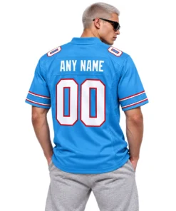 Male model in sunglasses wearing a blue Titans football jersey with custom ANY NAME and number 00 on the back