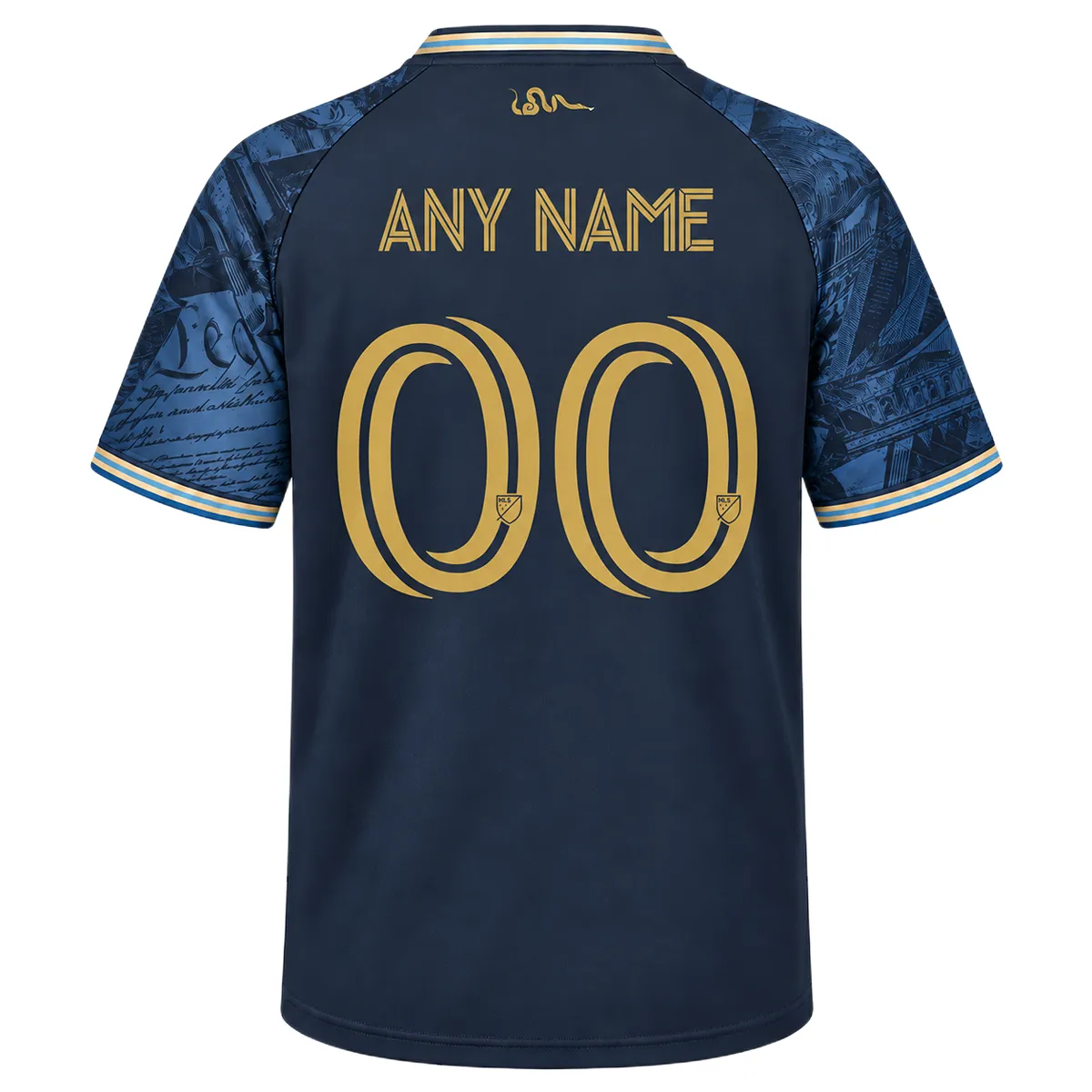 Philadelphia Union 2026 Home Jersey back showing custom ANY NAME, gold 00 number and snake detail