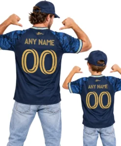 Father and son wearing matching navy Philadelphia Union custom home soccer jerseys