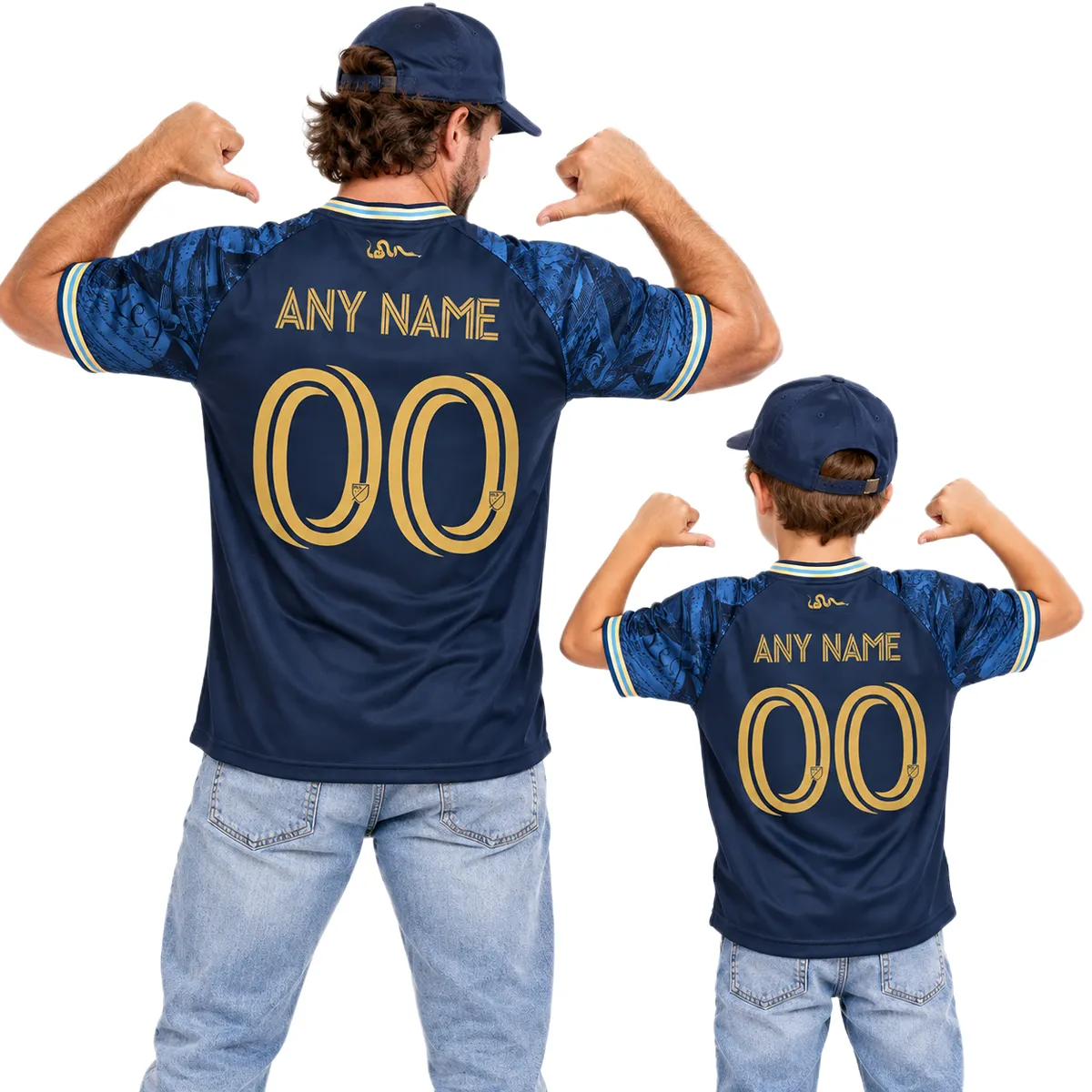 Father and son wearing matching navy Philadelphia Union custom home soccer jerseys