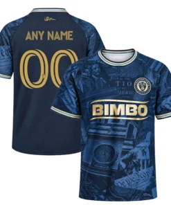 Front and back views of Philadelphia Union navy and gold custom soccer jersey with historical graphics