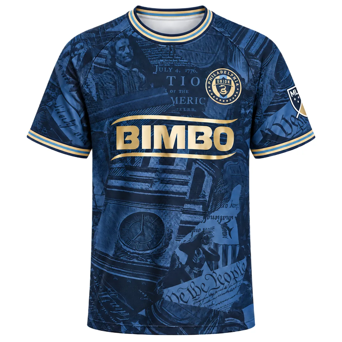 Philadelphia Union 2026 Home Jersey front with navy historical collage, gold crest and BIMBO chest graphic