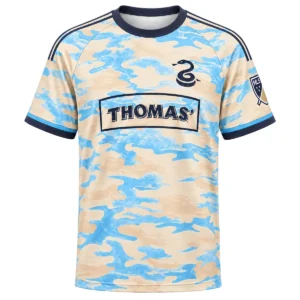 Philadelphia Union Away Jersey Throwback front with cream-blue camouflage pattern, snake emblem and THOMAS’ graphic