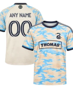 Front and back views of Philadelphia Union cream throwback jersey with sky-blue graphics and custom number