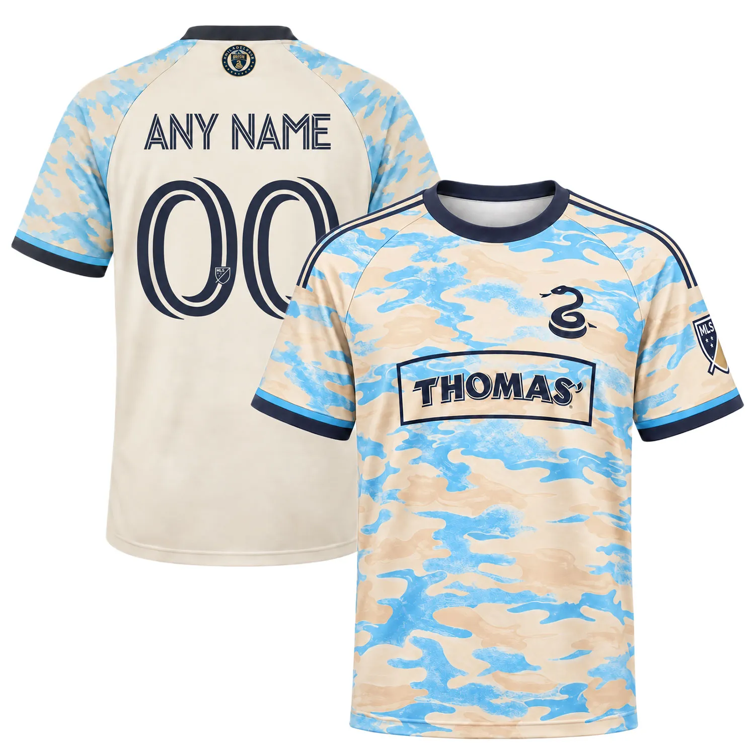 Front and back views of Philadelphia Union cream throwback jersey with sky-blue graphics and custom number