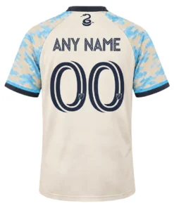 Back of Philadelphia Union cream away jersey showing ANY NAME, navy number 00 and snake symbol