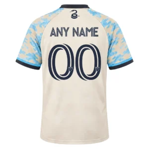 Back of Philadelphia Union cream away jersey showing ANY NAME, navy number 00 and snake symbol
