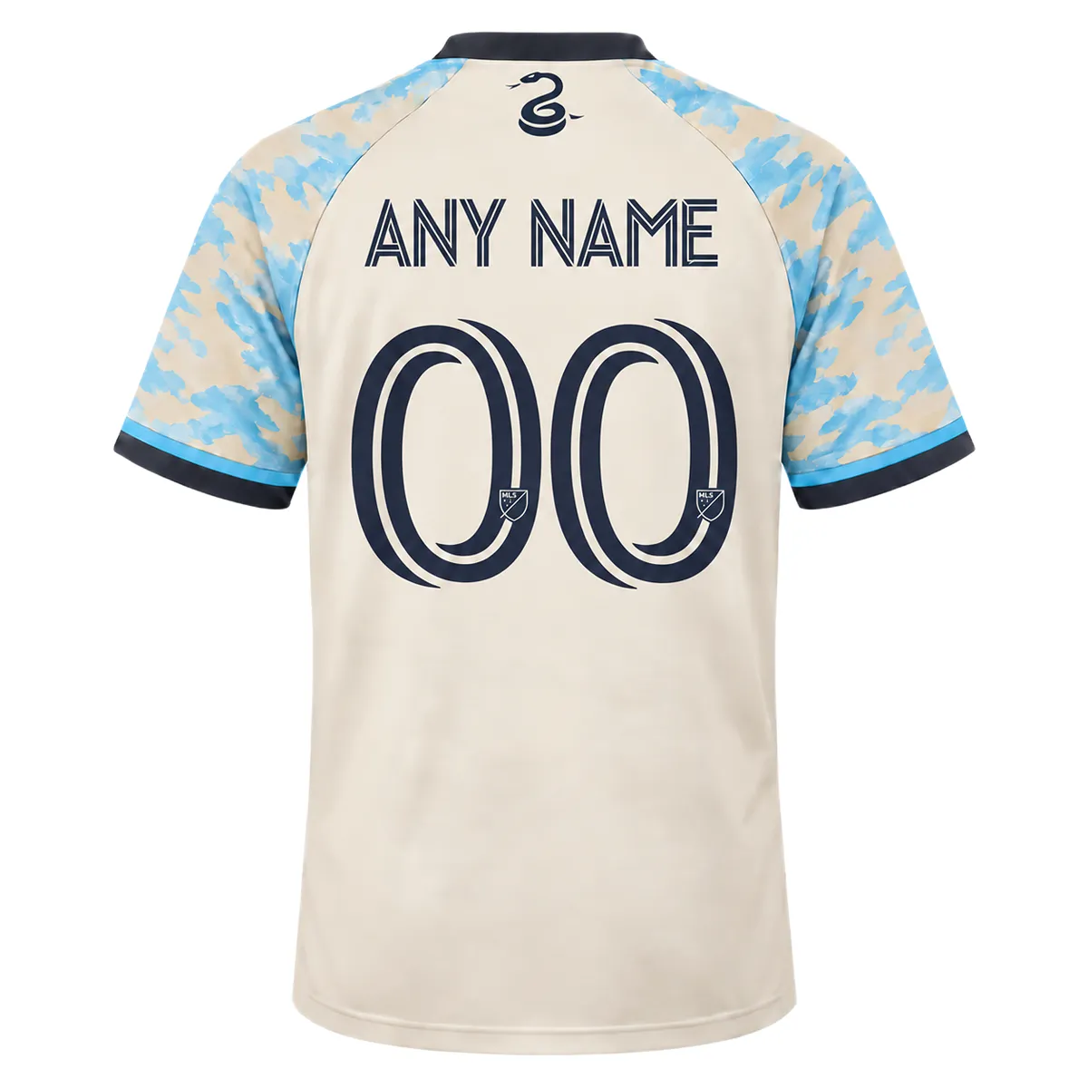Back of Philadelphia Union cream away jersey showing ANY NAME, navy number 00 and snake symbol