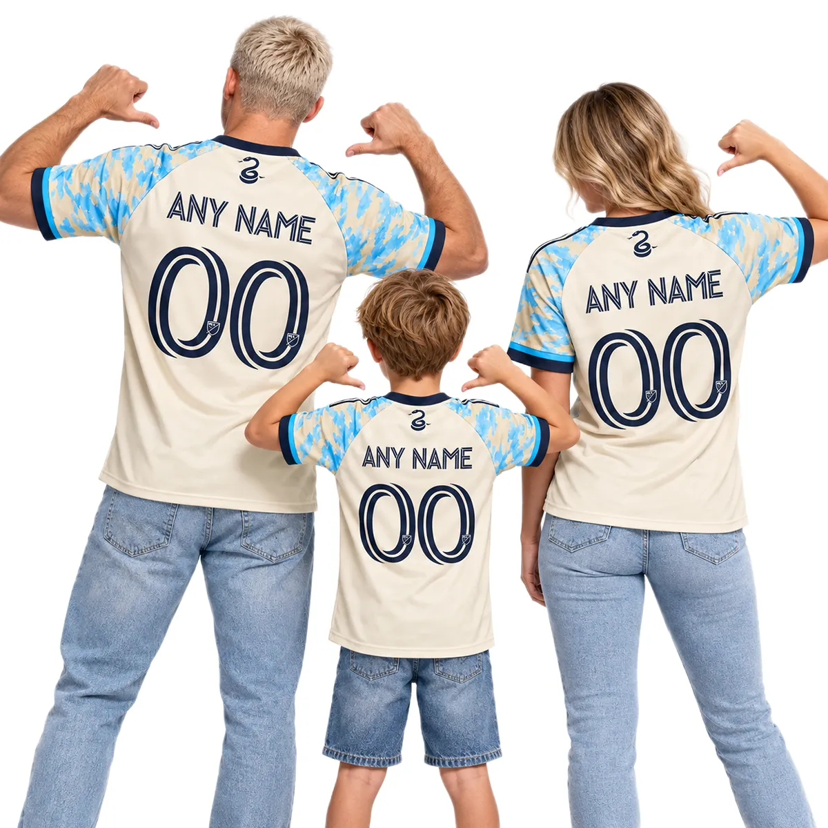Father, mother and son wearing matching cream and sky-blue Philadelphia Union soccer jerseys