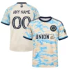 Front and back views of cream and sky-blue Philadelphia Union away soccer jersey with custom number 00