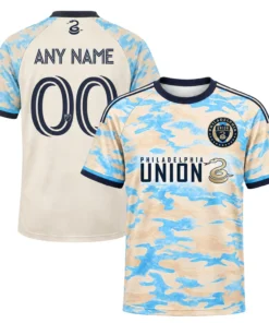 Front and back views of cream and sky-blue Philadelphia Union away soccer jersey with custom number 00