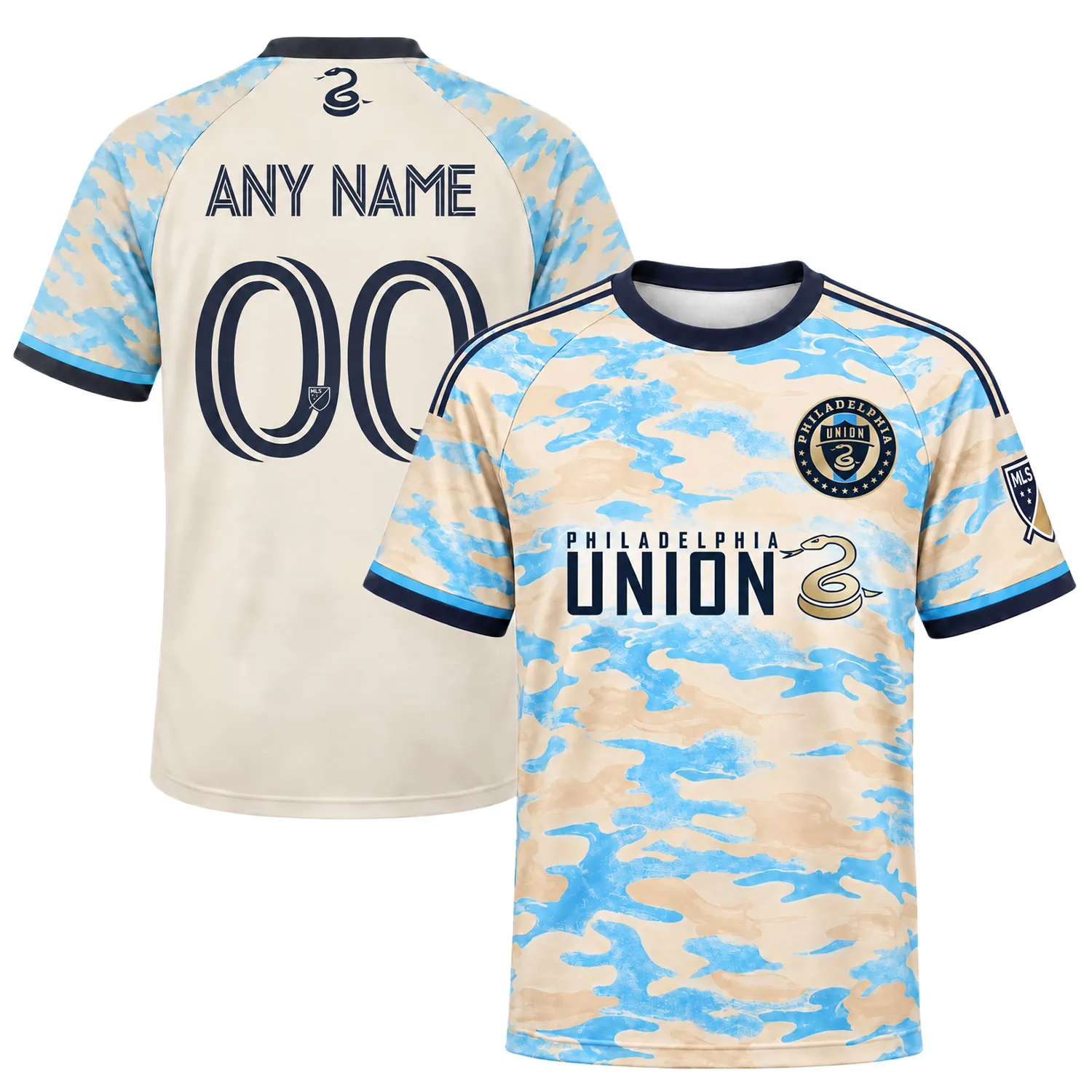 Front and back views of cream and sky-blue Philadelphia Union away soccer jersey with custom number 00