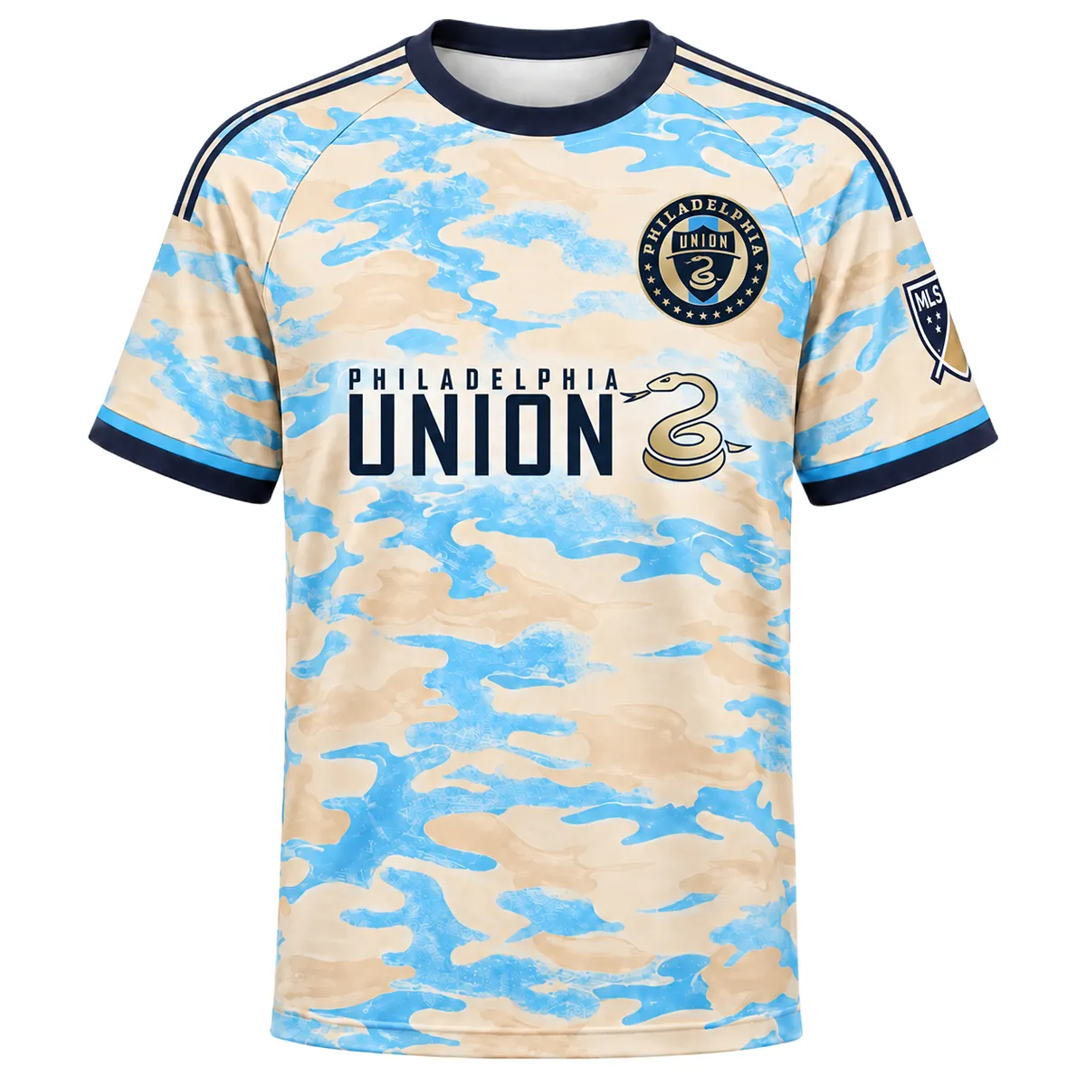 Philadelphia Union Cream Away Jersey front with cream sky-blue camo, club crest, snake graphic and navy lettering