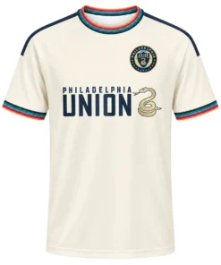 Philadelphia Union Third Jersey 2026 front in cream with navy club crest, gold snake graphic and rainbow trim