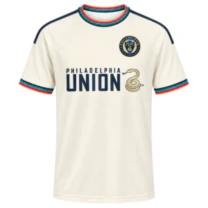 Philadelphia Union Third Jersey 2026 front in cream with navy club crest, gold snake graphic and rainbow trim